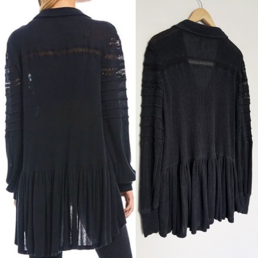 Free People Set To Stun Lace-Inset Low V Neck Collar Tunic Top Black XS $108 - Picture 4 of 16
